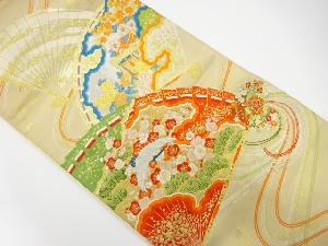 アンティーク　とみや織物製　檜扇に鶴・笠松・梅模様織り出し袋帯(材料)